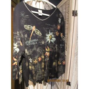 Jess & Jane made in USA Black top blouse size 2x botanic dragonfly black studs
